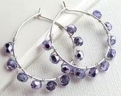 Beaded Hoop Earrings. Lavender Czech Glass. Wire Wrapped Sterling Silver.