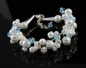 Blue Topaz Swarovski Crystals and White Pearls Silver Bracelet