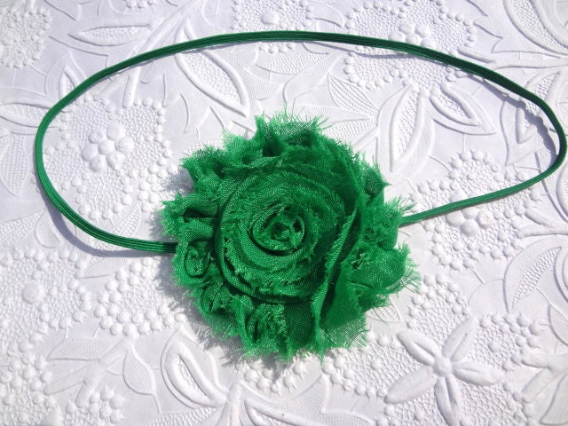 Emerald Green Flower Headband - Shabby Chic Chiffon Flower - Skinny Elastic Headband - Christmas Headband - Newborn to Adult Sizes