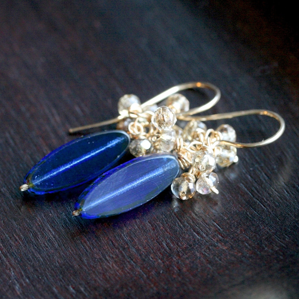 Handmade glass bead earrings, blue earrings, wire wrapped, cobalt, Czech glass, 14k gold filled, cluster, Mimi Michele Jewelry