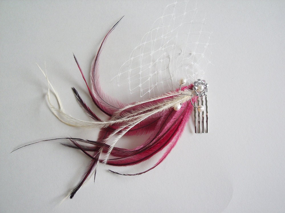 Pink Feather Fascinator - Pink Bridal Fascinator - Bridal Birdcage Fascinator - Raspberry Fascinator