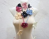 Handmade crochet Lariat Scarf Blue Dark blue Cream  Pink Flower Lariat Scarf Colorful Variegated Long Necklace Winter Fashion