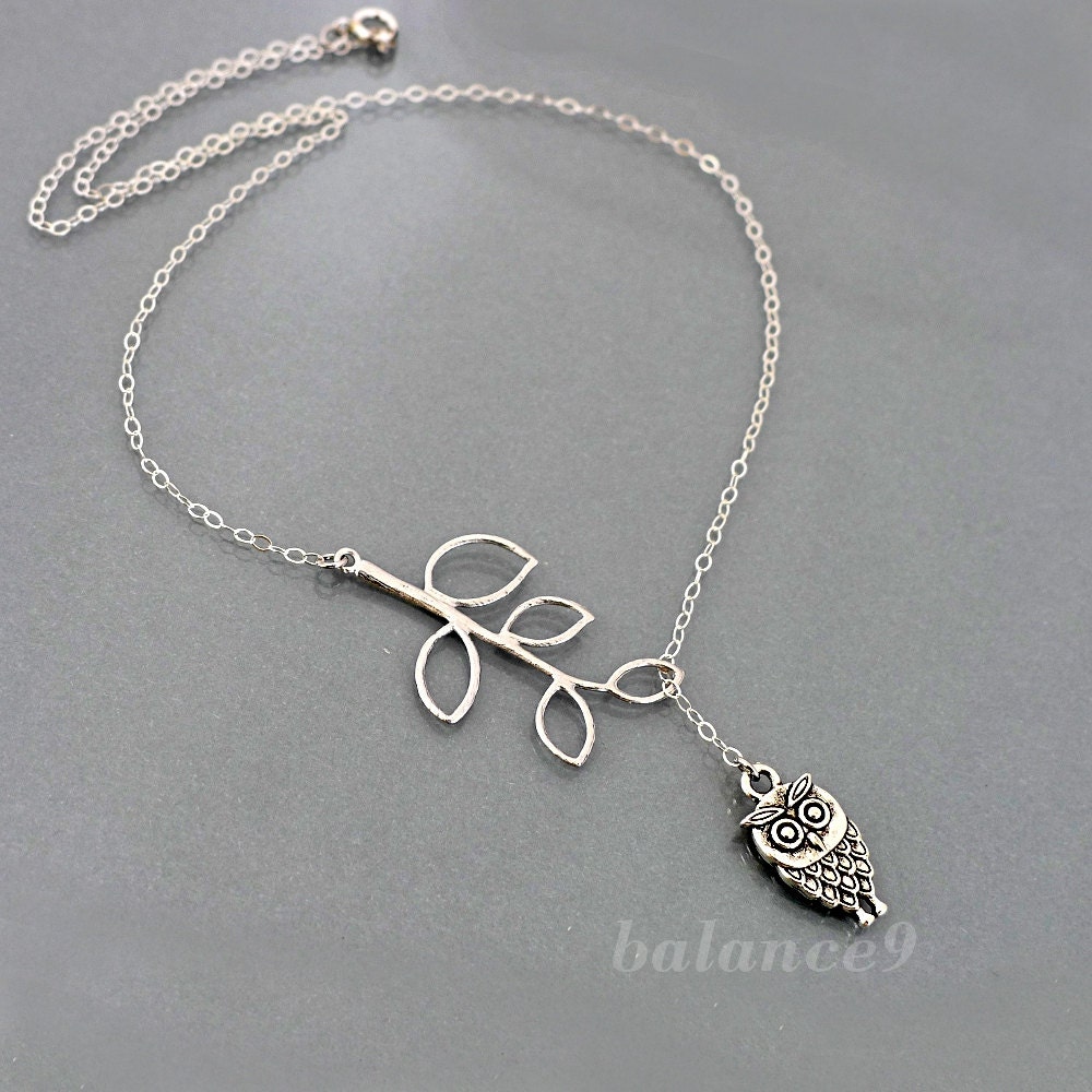 Owl Necklace, bird charm leafy branch lariat, sterling silver chain, delicate leaf branch owl pendant, everyday jewelry, by balance9