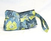 Pleated Wristlet in tropical floral print in navy blue, aqua and lime green