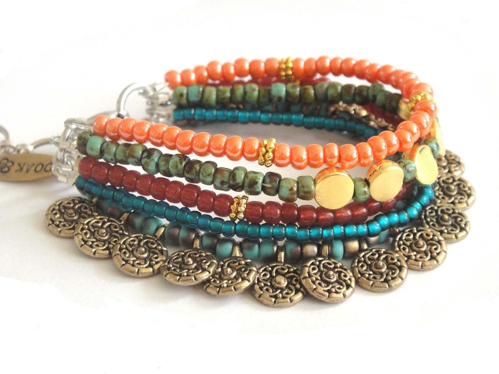 Colours of the orient - beaded bracelet multiple strands - Indian summer - ethnic jewelry - gypsy dangle bracelet