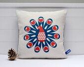 Hand Screen Printed Peacock Cushion Cover in French Navy & Coral Red