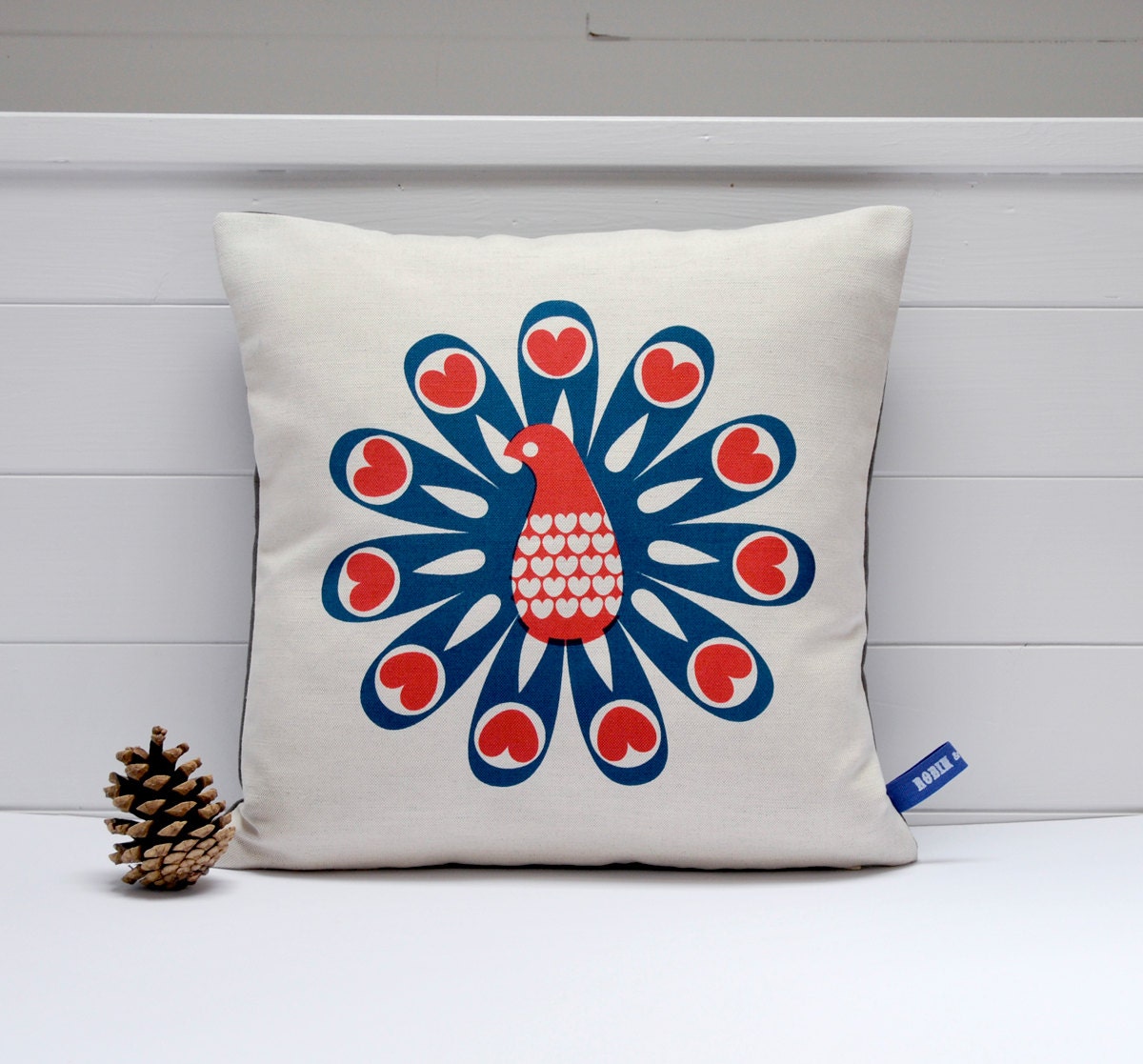 Hand Screen Printed Peacock Cushion Cover in French Navy & Coral Red