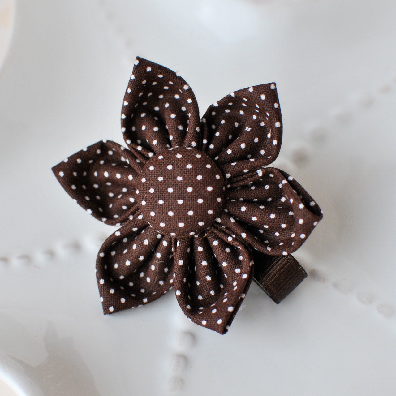 Chocolate Brown Polka Dot Kanzashi Fabric Flower Hair Clip