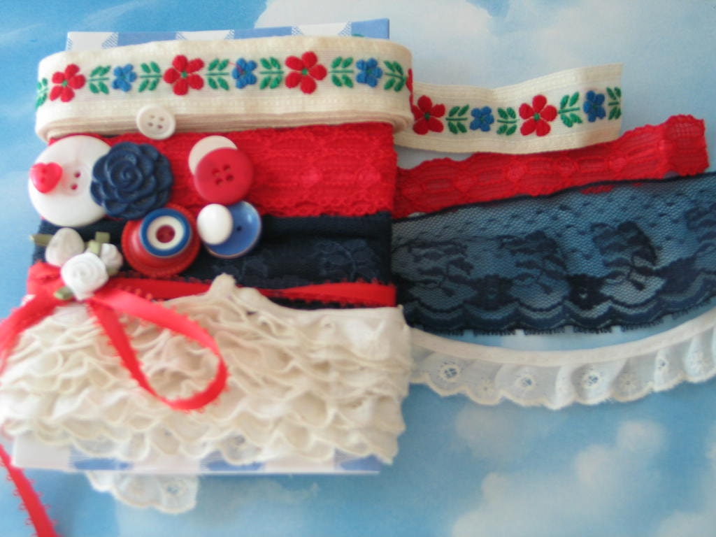 RED, WHITE And BLUE, 9 - 3/4" Yards Of  Vintage Lace And Trim, Embellishmennts, Beautiful.