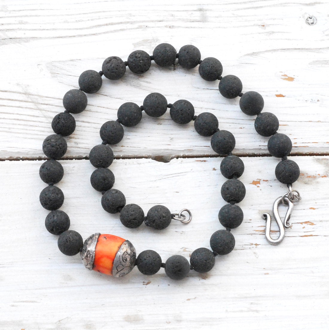 Black Lava Rock Necklace Santorini, Black & Red Jewelry, Coral and Lava, OOAK Jewelry, Boho Contemporary Statement Jewelry, Gift for Her