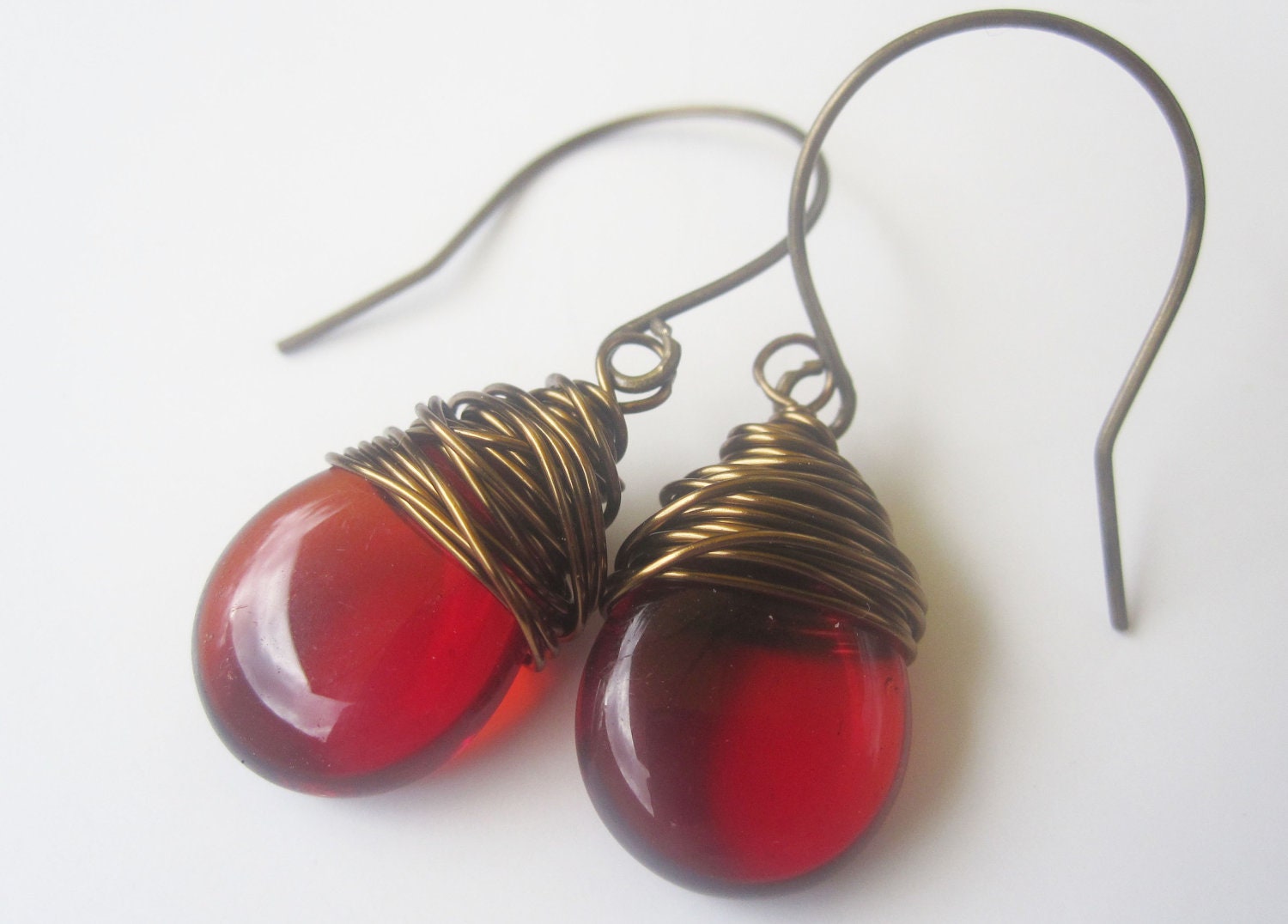 Red Earrings Wire Wrapped Earrings Drop Earrings Red Jewelry Dangle Earrings