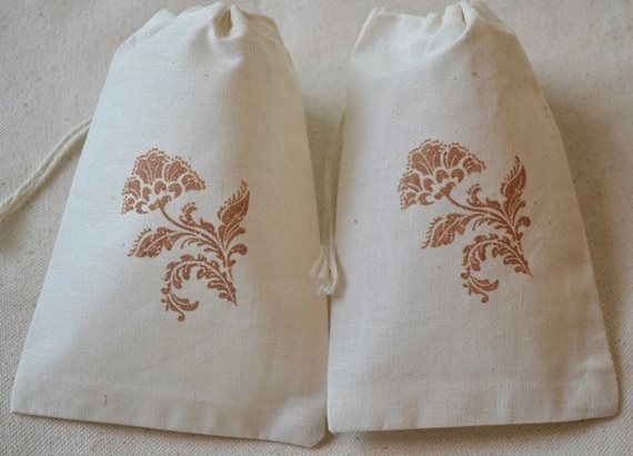50 Damask Flower - Organic Muslin Cotton Drawstring Favor Gift Bags 4x6 - Choose your ink color Il_570xn