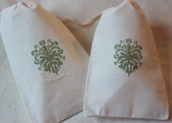 10 Wedding Olive Green Damask - Organic Muslin Cotton Favor Gift Bags 4x6 - You choose ink color Il_570xn