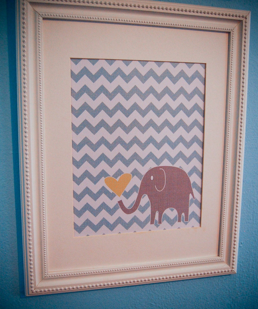 8x10 nursery print: blue chevron and grey elephant with heart