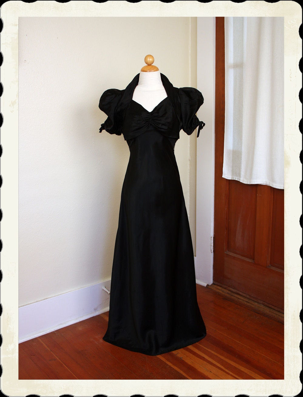 DECADENT 1930's Inky Black Silk Satin Bias Cut Long Glamor Gown w/ Puffed Tie Sleeves, Sweetheart Shelf Bust, 3D Collar - Rare - Size M