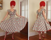 DARLING 1950's New Look Cotton Checkered Multicolored Plaid Sun Dress w/ Ruffle V Neckline & Slimming Dropped Waist - VLV - Plus Size XL