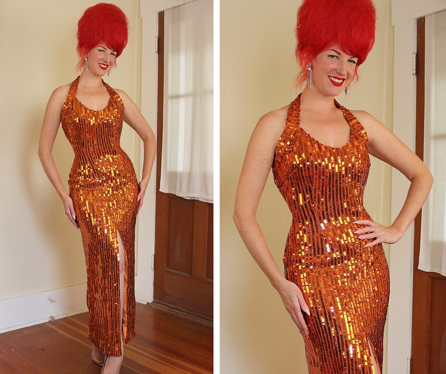 DAZZLING 1960's Fiery Orange Fully Sequined Over Orange Lurex Hourglass Evening Gown - Made in the USA - Burlesque - VLV - Size M to L