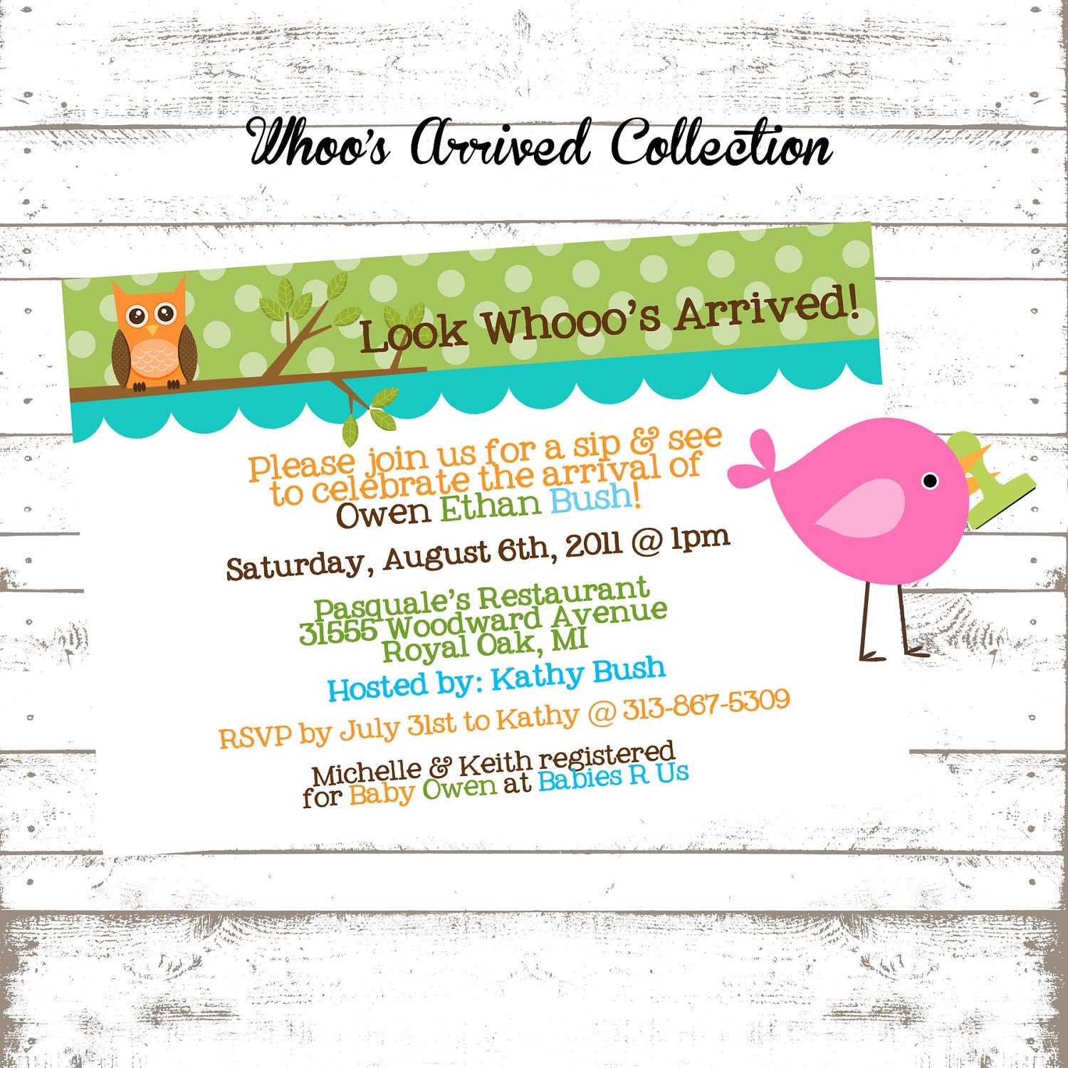 Look Whoo's Arrived: Set of 12 Sip and See/Sprinkle/Baby Shower Invites. 5x7, personalized w/envelopes. Il_170x135