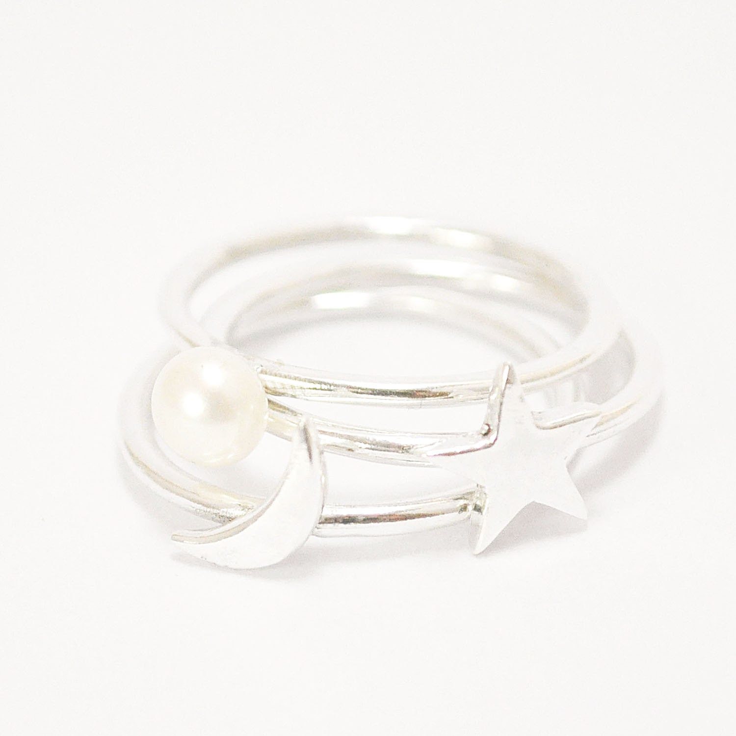 FREE SHIPPING-little moon,star,pearl ring-sterling silver