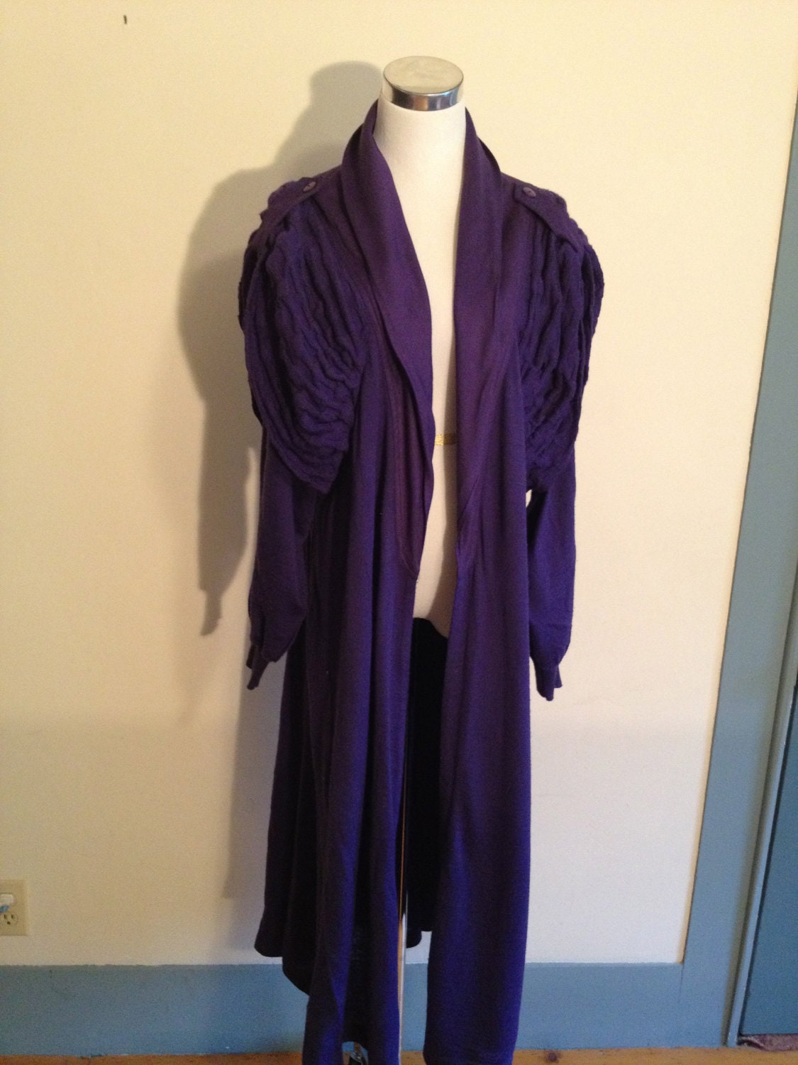 1980s purple, fashion chic ,Mad Max / Star Trek style full length, knit, robe coat marked womens large made in Paris