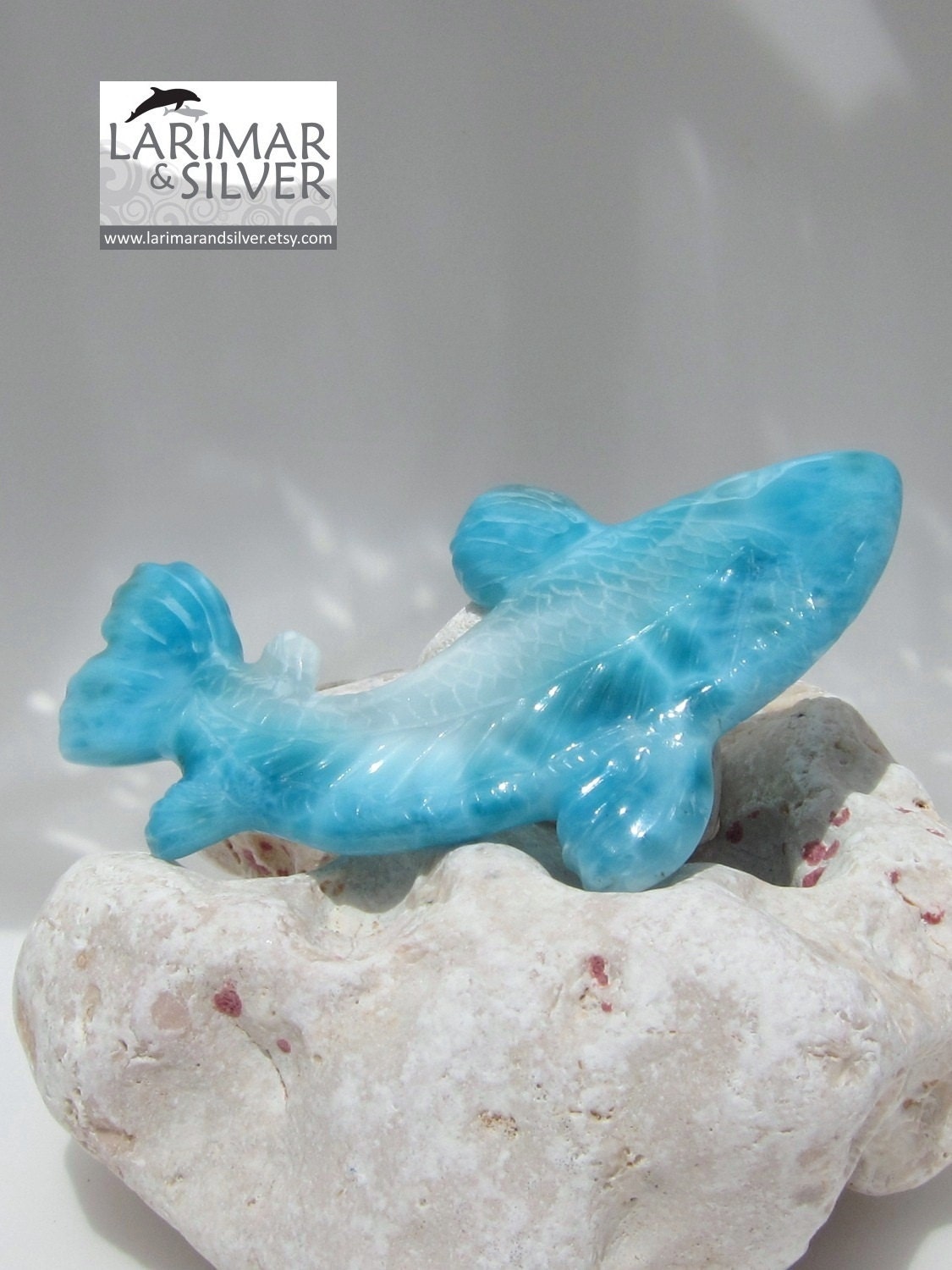 Larimar Koi, striking carved AAA Caribbean blue carp cabochon - 257.5 ct