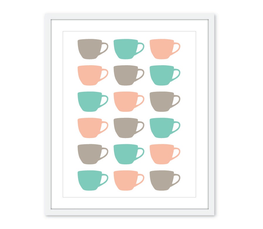 Tea Cups Digital Print Kitchen Wall Art  - Pastel Soft Colors - Mint Peach Taupe - Spring Summer Home Decor - Under 20