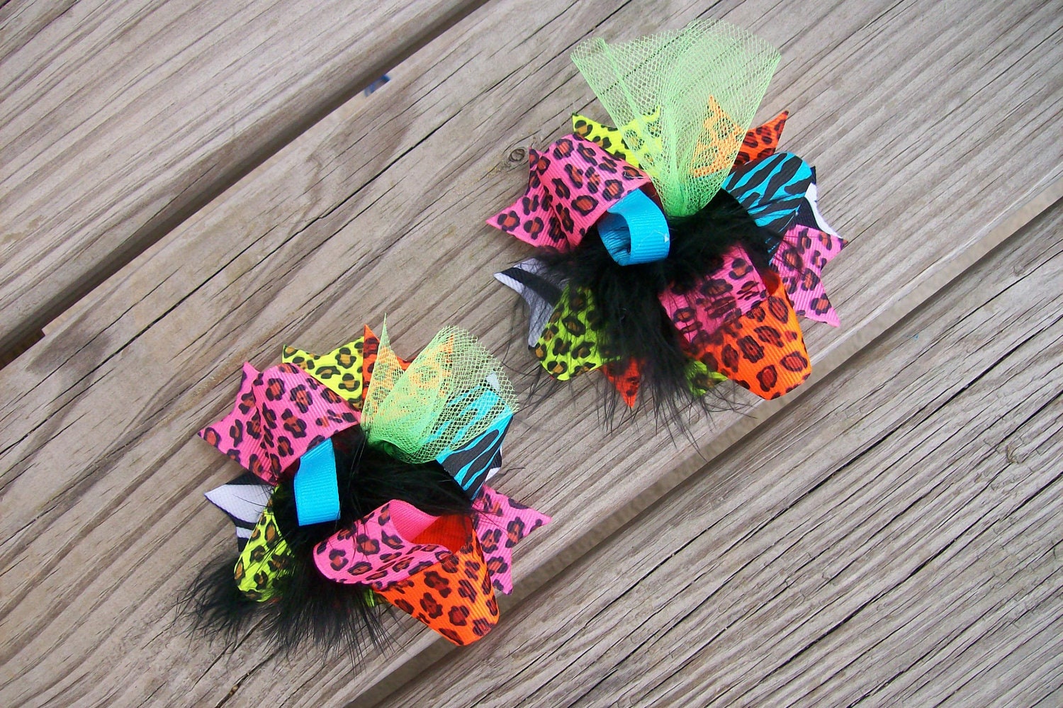 Funky NEON Cheetah---Hair Bows Set of 2---Mini Funky Fun Over the Top Bows--NEON Animal Prints