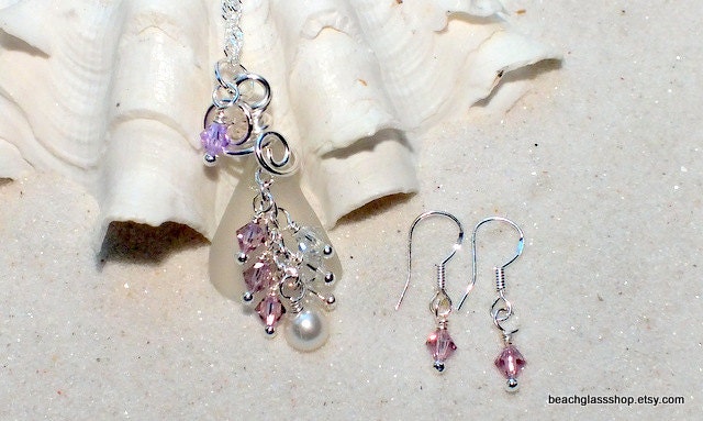 Sea Glass Beach Glass Crystal Necklace and FREE Matching Earrings Lake Erie Beach Wedding