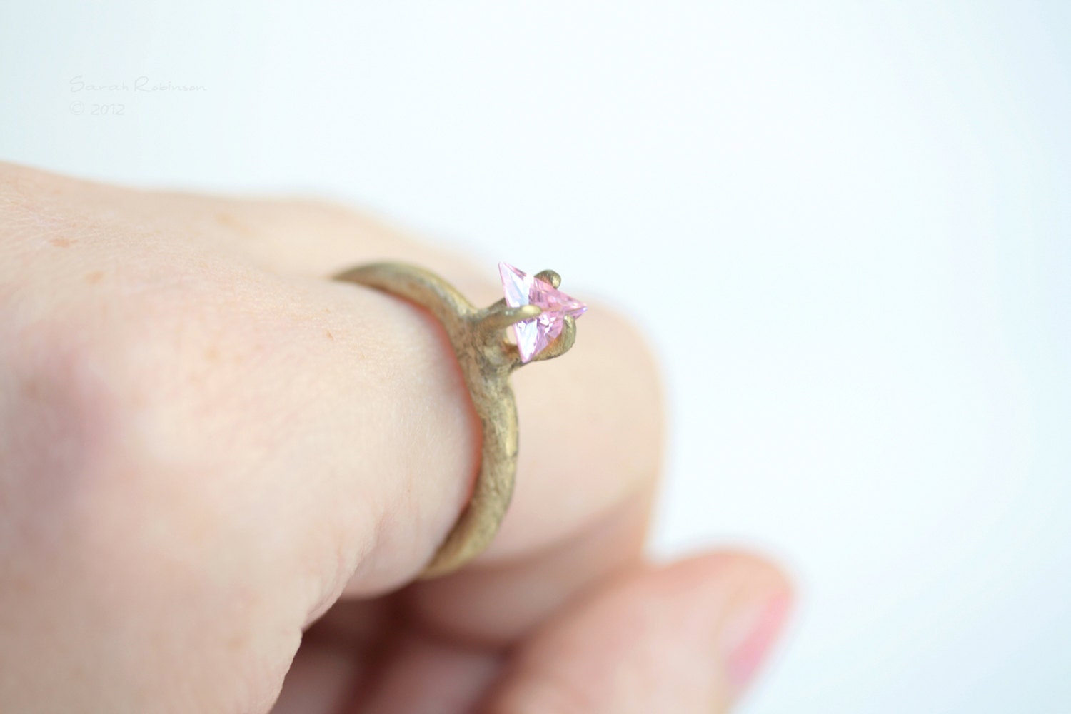 Prong Ring Brass with pink Zirconia Organic Look T14