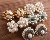 Vintage Beaded Clip On Earring Lot - 5 Pairs / Faux Pearls, Glass beads, Blue, White, Clear