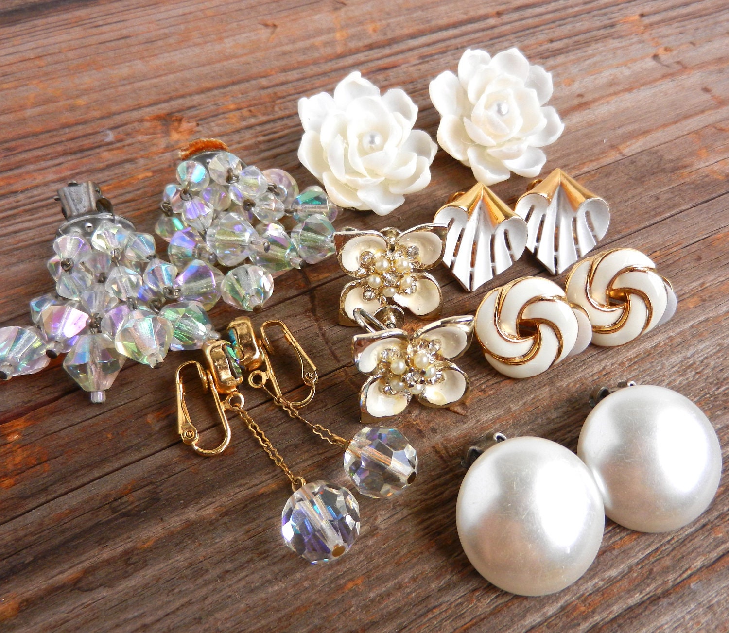 Vintage Clip On Earring Lot - 7 Pairs / Faux Pearls, Glass beads, Flowers, Dangly