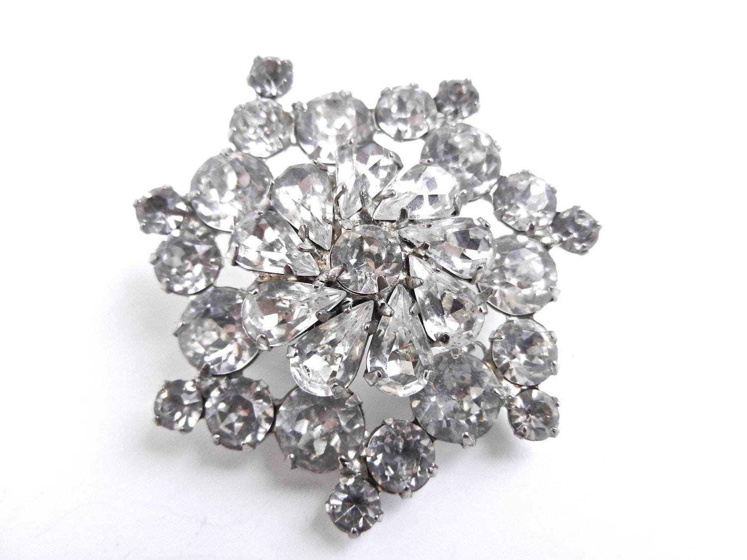Weiss Rhinestone Brooch - Vintage 1950s Silver Tone Signed Designer Costume Jewelry / Shiny Dome