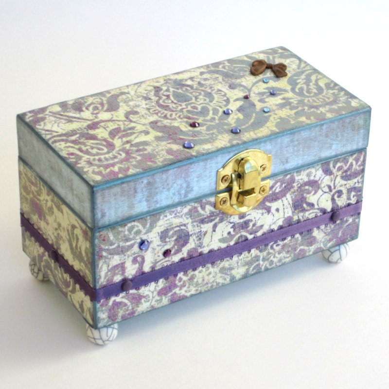 Decoupaged Keepsake Box  Jewelry Box Trinket Box Swarovski Crystal Decorated Aqua Purple