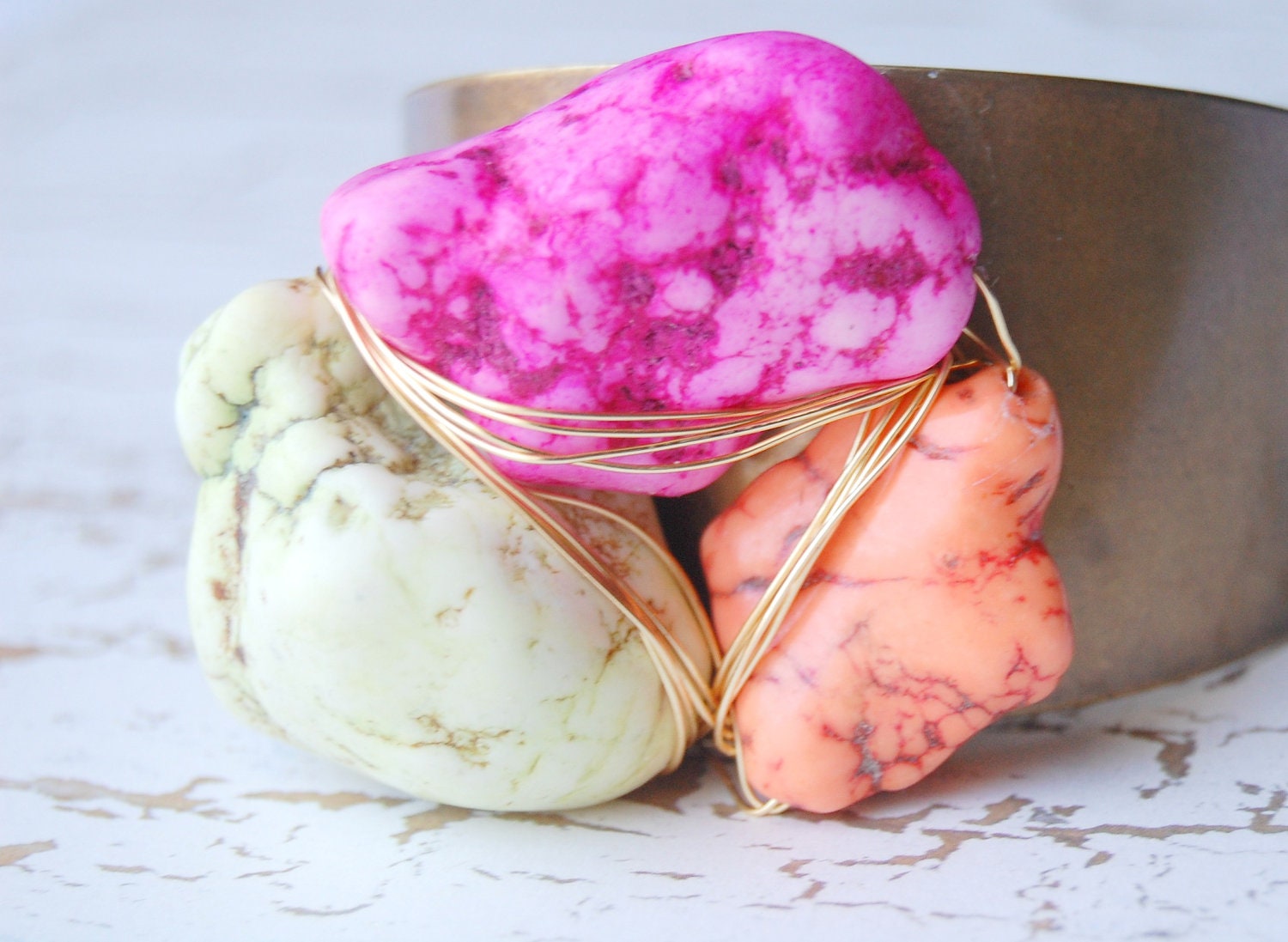 Eclectic Neon Howlite Tribal Statement Cuff with Gold Wire Wrapping Detail