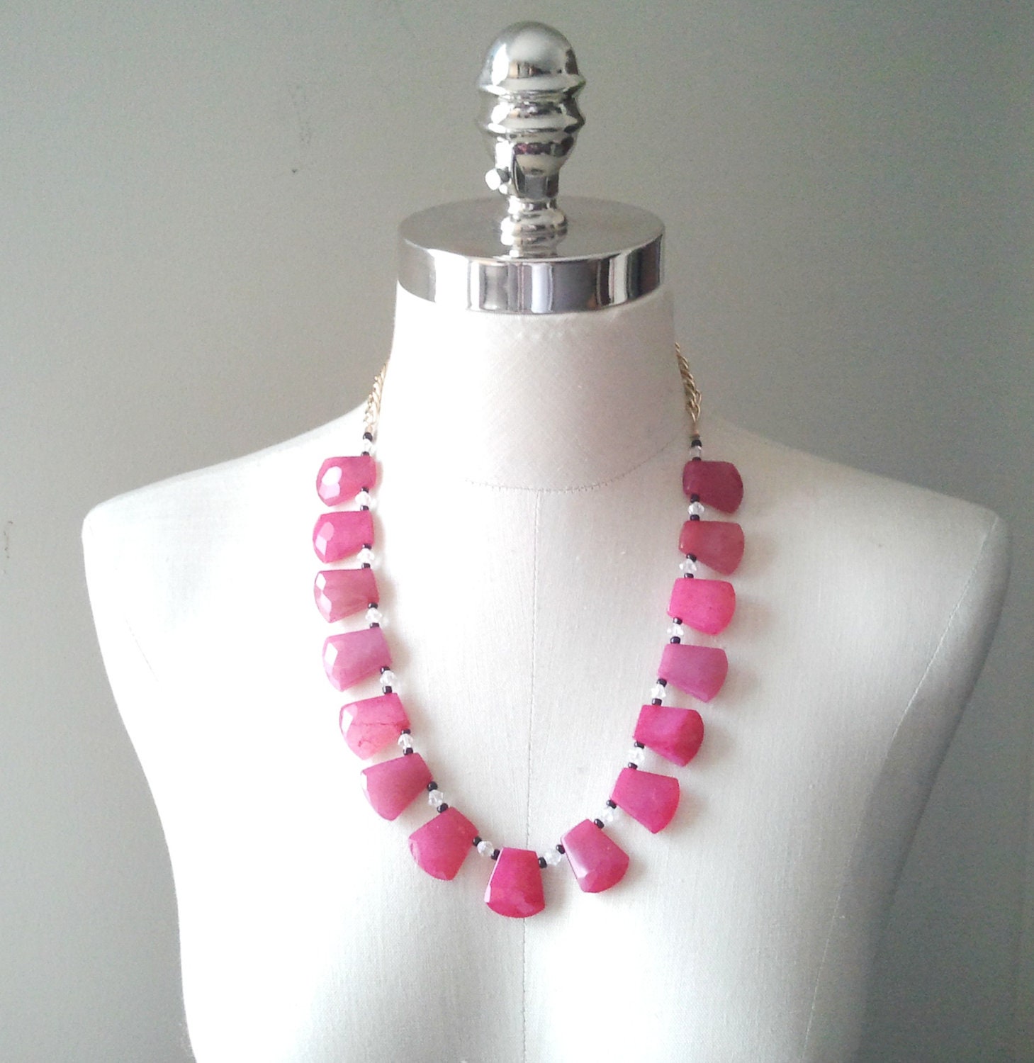 Bright Pink Geometric Agate Stone Beaded Necklace - Summer Jewelry