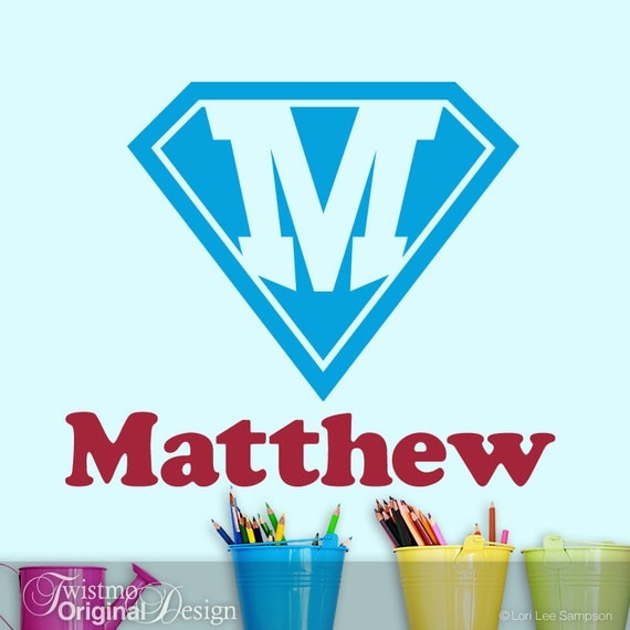 Superhero Shield Monogram Vinyl Wall Decal, Custom Name Wall Art: Comic Book, Super Hero, Baby Nursery, Boys, Teens, Toddler, Bedroom Decor