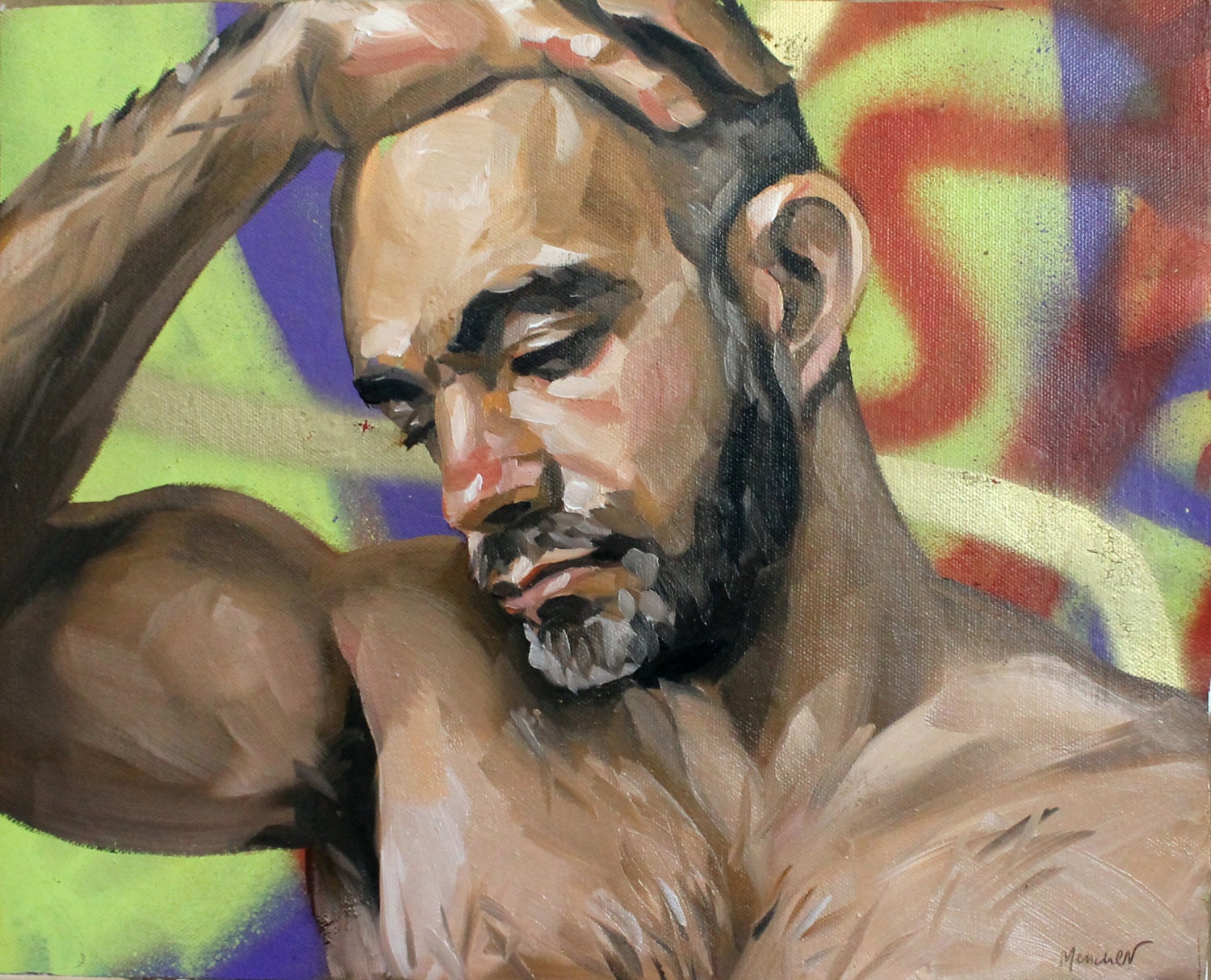 Warren Peace 11"x14" oilpaint, spray paint, canvas, mounted to masonite panel by Kenney Mencher