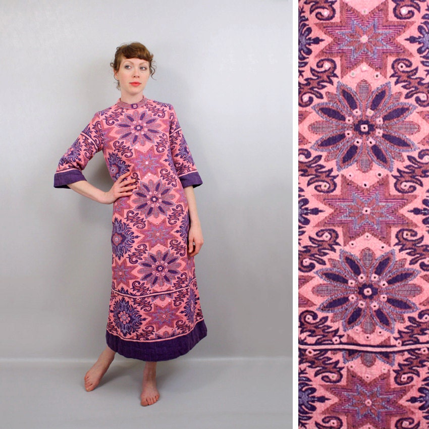SALE Vintage 1960s Mod Bohemian Lounge Wear Robe, Bell Sleeves & Mirrored Accents