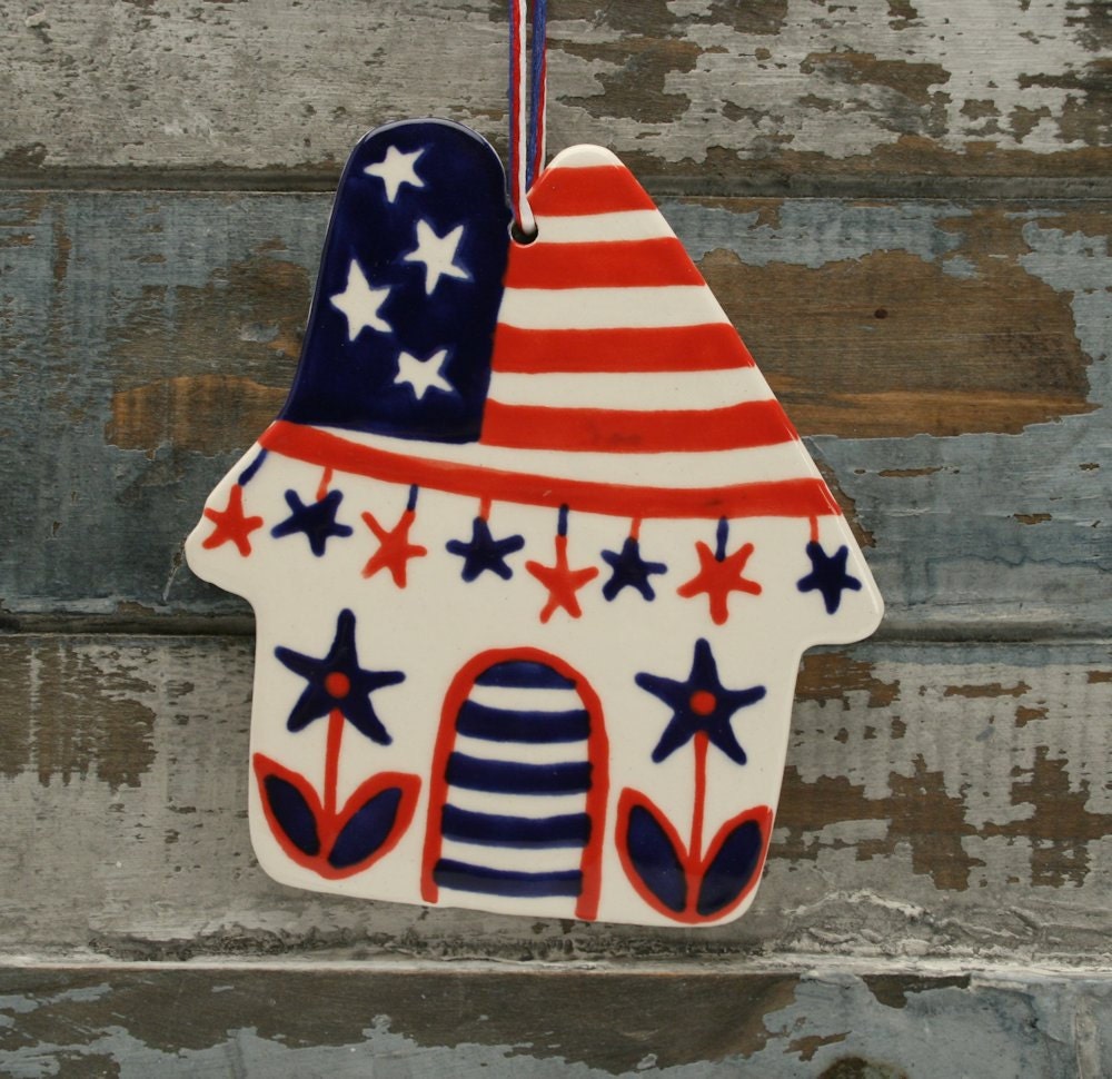 American Bird House Ornament Cottage Ceramic Hand Painted