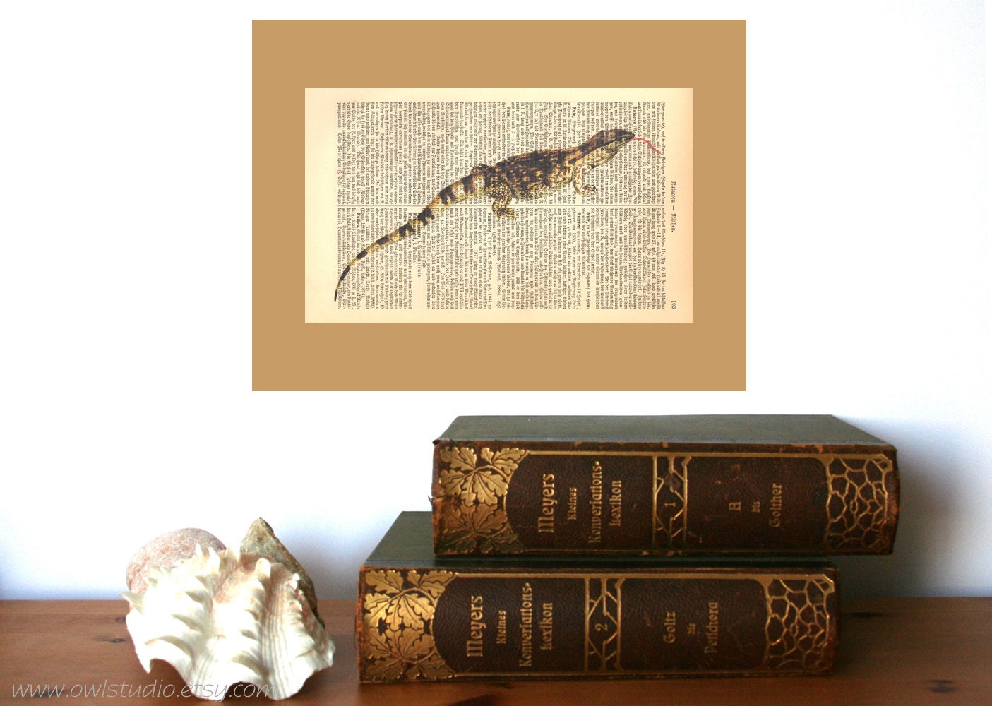 Lizard - Liz the Lizard Vintage Art Print on Antique 1896 Dictionary Book Page