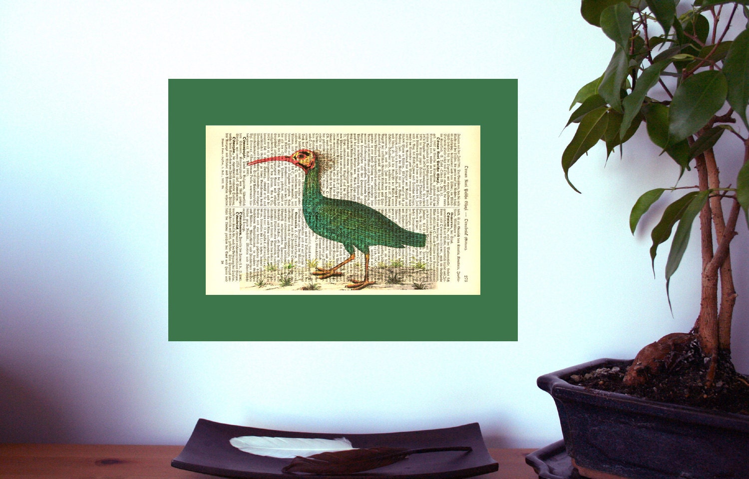 Strange Green Bird No 5 Vintage Art Print on Antique 1896 Dictionary Book Page