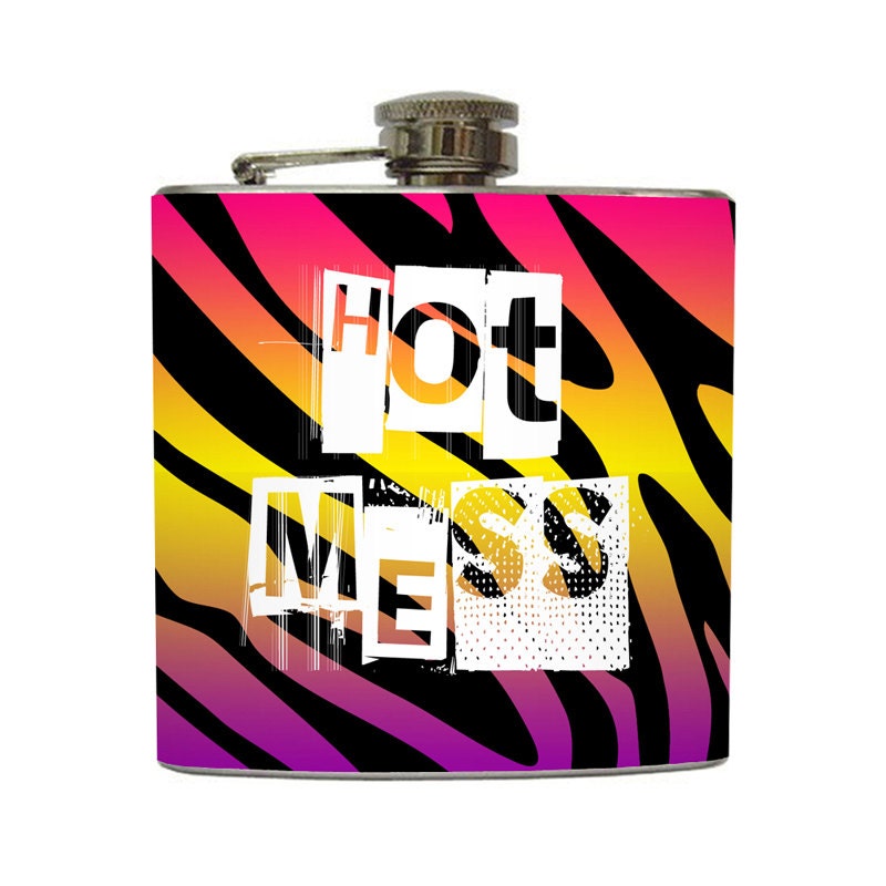 Hot Mess Whiskey Flask Zebra Animal Print 21 Birthday Liquid Courage Bridesmaid Gifts Stainless Steel 6 oz Liquor Hip Flask LC-1203