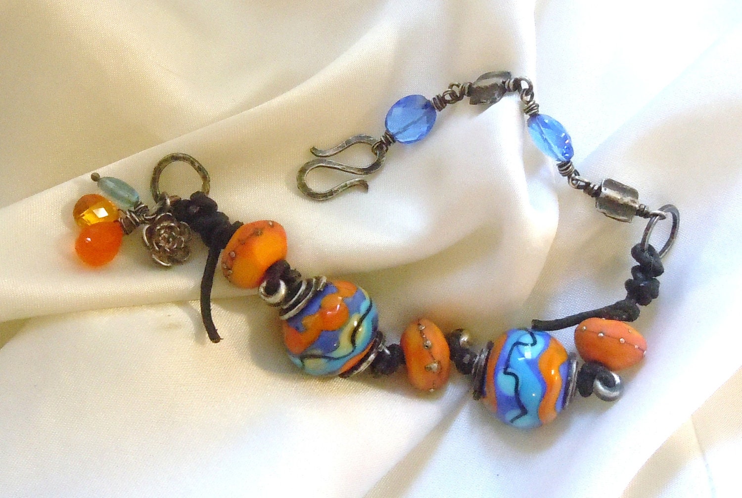 Aged Sterling SIlver Bracelet featuring Lampwork Beads, Leather and AAA Grade Gemstones