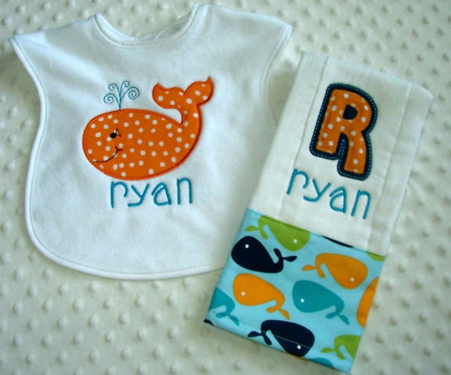 Baby Boy 2 PC Gift Set, Embroidered Bib and Burp Cloth, Whale Applique Personalized with Child's Name