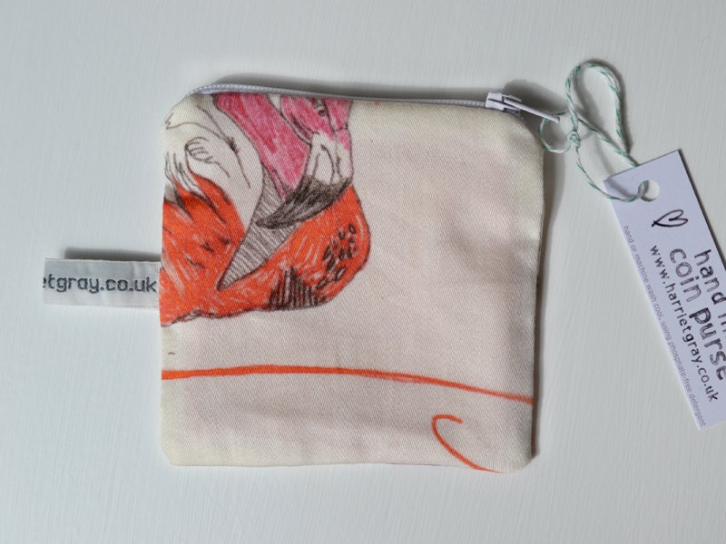 handmade 100% organic cotton purse pink flamingo love design  - SALE - DISCONTINUED