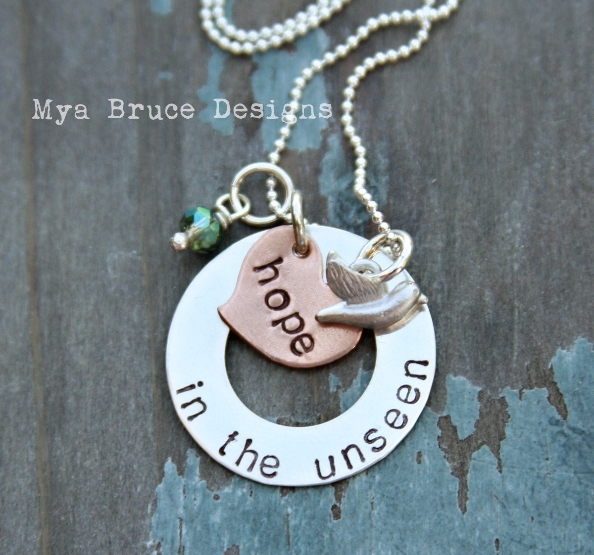 hope in the unseen -  or personalize - silver with copper heart and silver bird with mini teal crystal drop
