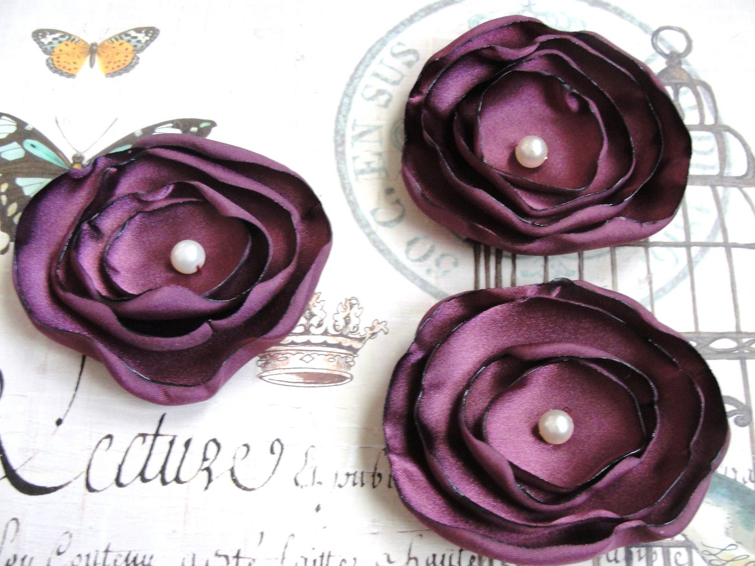 3 Deep mauve Satin hair flowers for bridesmaids/bride/bridal party