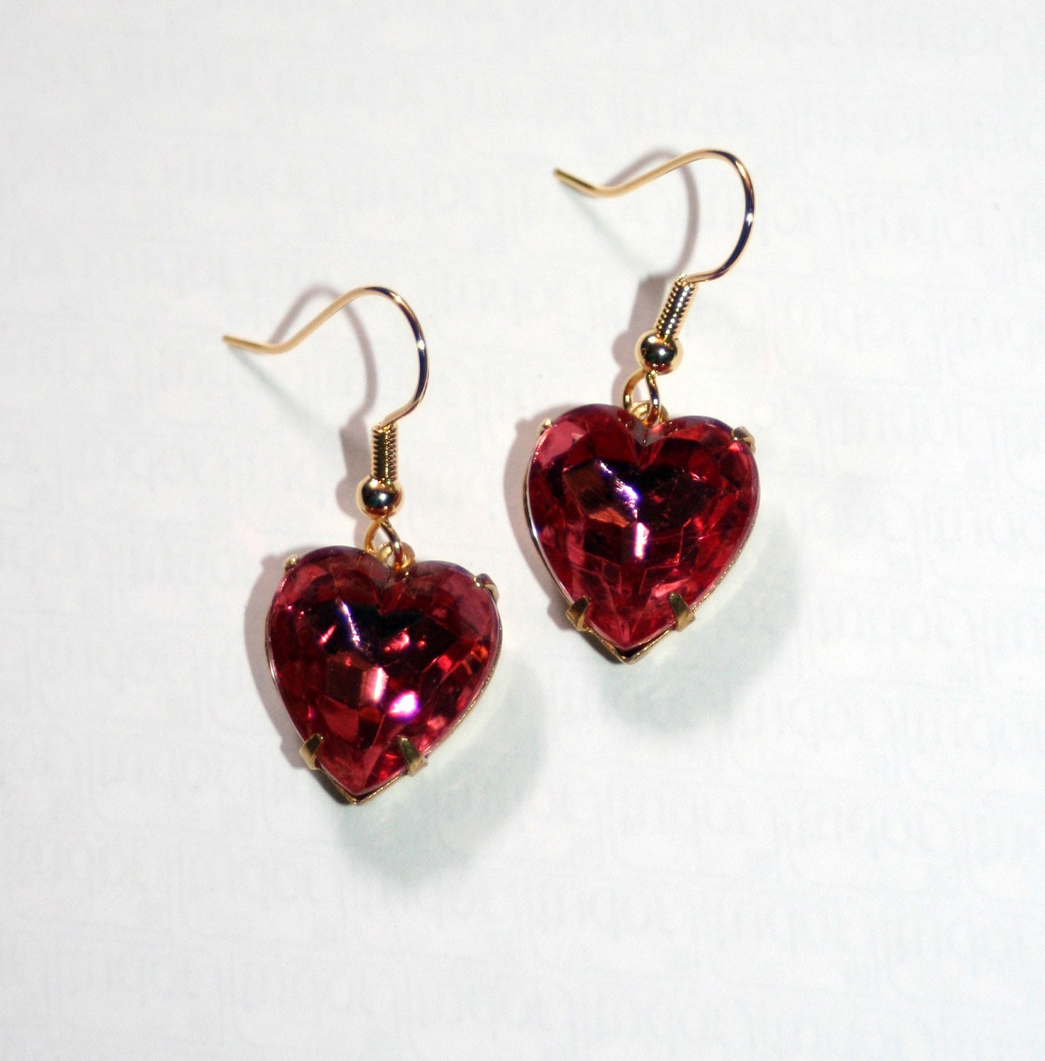 Vintage German Edwardian Rose pink Heart crystal brass earrings