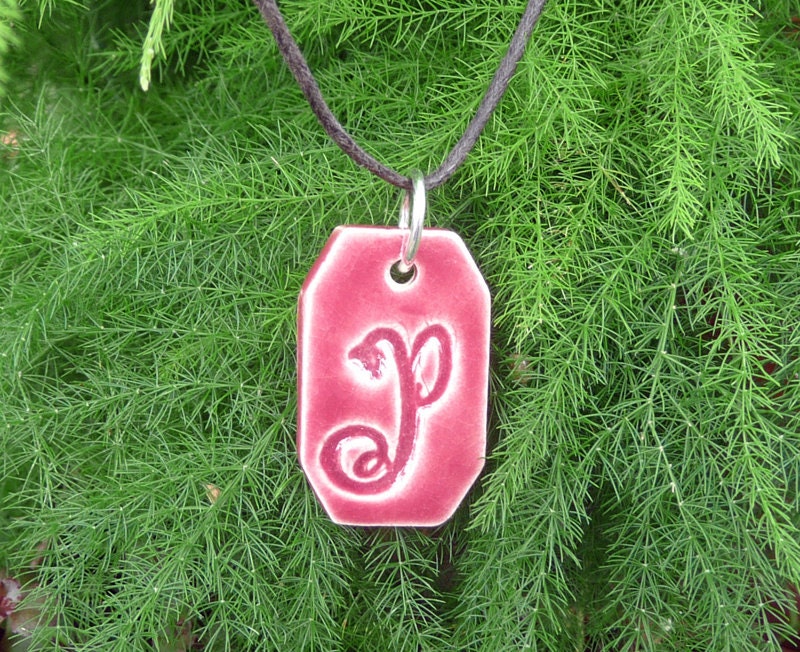 Small Letter Pendant & Cord Necklace - Kiln-Fired Stoneware Clay - "P" - Claret Glaze