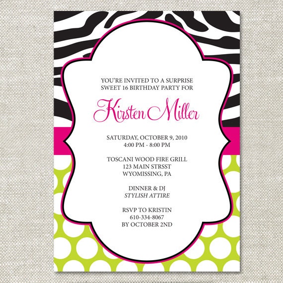 Zebra Polka Dot Birthday Invitation (Digital or Printed)
